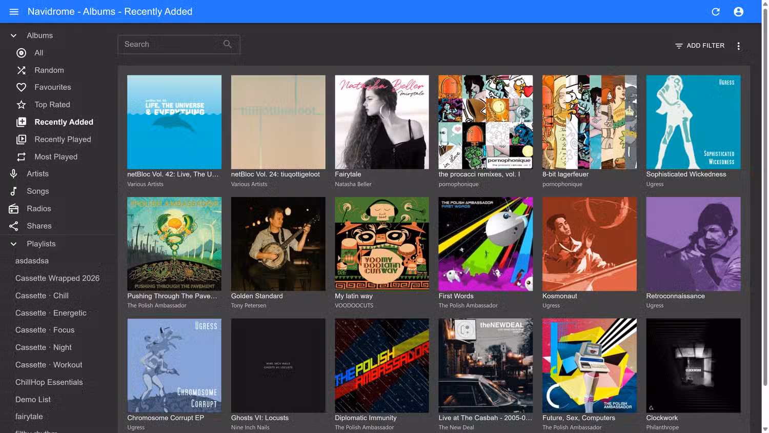 navidrome-web-interface-showing-the-recently-added-albums-grid-with-cover-art-for-various-artists 5 مشاريع استضافة ذاتية للمبتدئين تمنح حاسوبك القديم استخدامًا جديدًا
