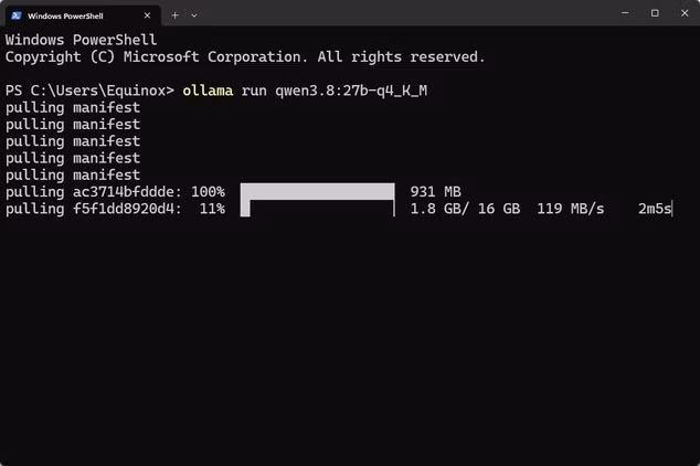 powershell-ollama-run-qwen3-8-27b-q4-k-m-progress-bar أفضل النماذج المحلية لمعالجة الملفات الحساسة دون إرسال بياناتك إلى Claude