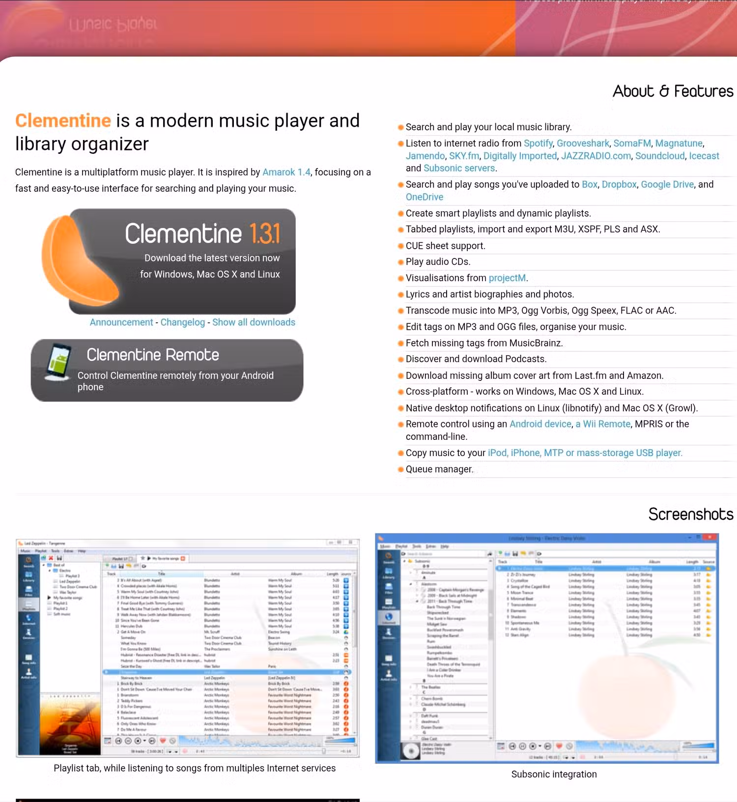 the-homepage-for-the-clementine-music-player أفضل مشغل موسيقى لنظام Linux كبديل لسبوتيفاي على سطح المكتب