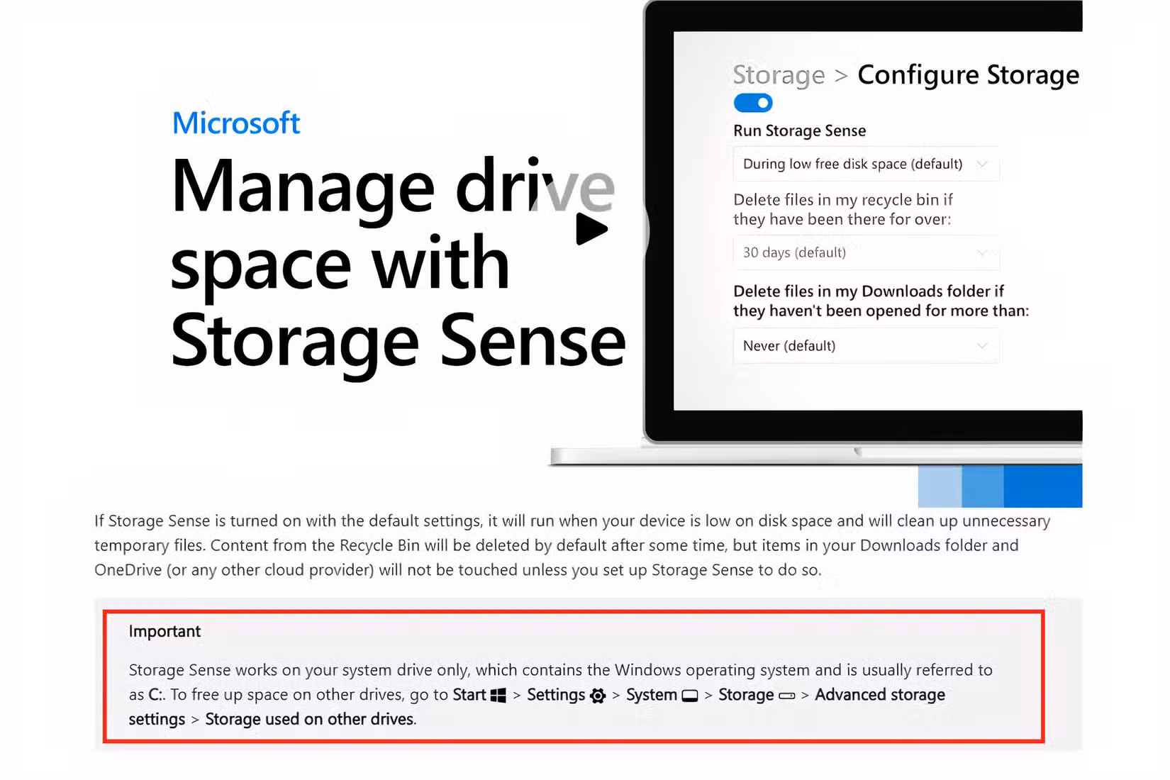 storage-sense-cleans-system-drive-note-microsoft توقفت عن تنظيف مساحة التخزين في ويندوز 11 يدويًا بعد اكتشاف هذه الأداة المدمجة